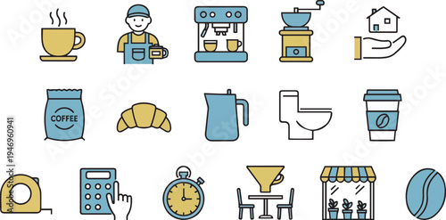 colorful line icons of coffee shop and bathroom objects