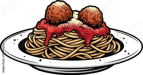 Classic cartoon illustration of a plate of spaghetti and meatballs with red sauce and grated cheese