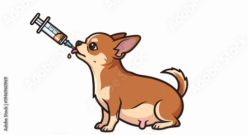 Cartoon of a small brown dog, likely a chihuahua, taking liquid medicine from a syringe, tongue out