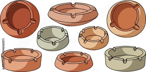 Collection of multiple ashtrays in various shapes, angles, and earthy colors, isolated on white