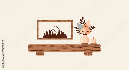 Minimalist flat illustration of a rustic wooden shelf with framed mountain art, flowers in a vase, and a candle