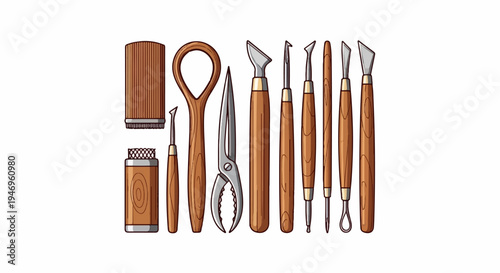A diverse array of crafting and sculpting tools featuring wooden handles and various metal tips on white