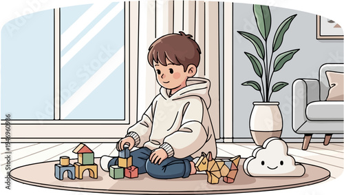 A cheerful child plays with colorful building blocks on a rug in a sunlit room with a plant and sofa