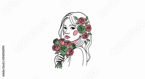 Stylish line art illustration of a woman with long hair adorned with pink and green roses, holding a bouquet