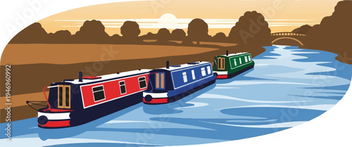 Three colorful narrowboats glide along a winding canal under a serene sky with distant trees and a bridge