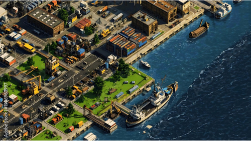 Wallpaper Mural Pixelated image of industrial area with road, ship, and cargo loader, featuring various structures, vehicles, and equipment on green grass and blue water, showcasing industrial operations and transpor Torontodigital.ca