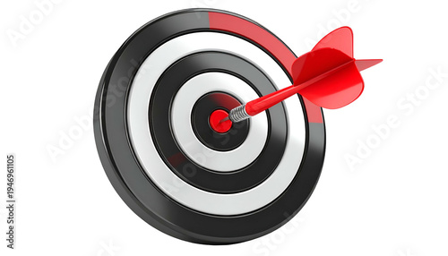 3D render of a bullseye target with a red dart perfectly hitting its center