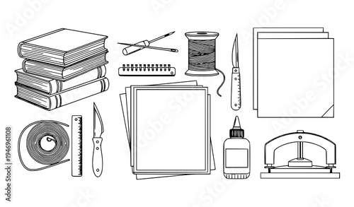 Bookbinding and paper craft tools outline vector set with books needle thread and glue
