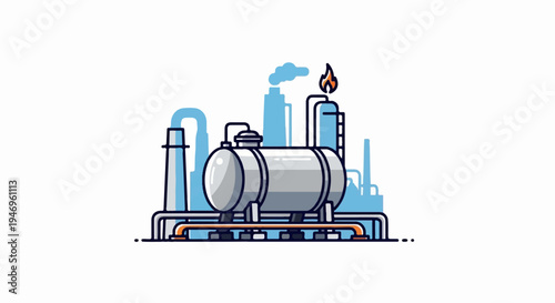 An illustration of an industrial facility with a large storage tank, pipes, and background factory structures