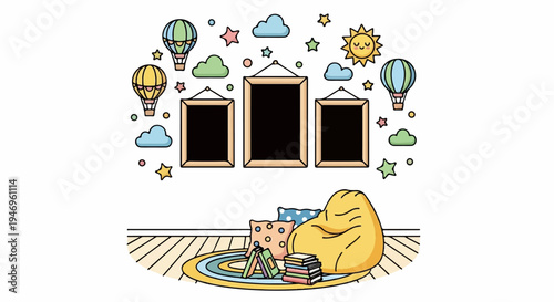 Cute illustration of a cozy reading nook with a yellow bean bag, books, and decorative wall frames