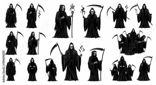 Grim Reaper Collection: Diverse Poses of Death Personified with Scythes