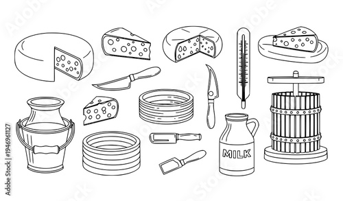 Cheese making tools and dairy production outline vector set with cheese wheel mold knife and milk bucket