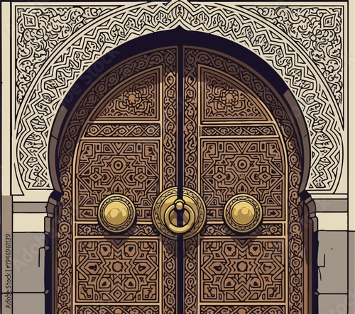 Intricate patterned wooden door with golden ornaments under a decorative archway in a historical setting