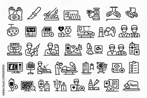 Comprehensive icon collection representing various medical and healthcare professions and tools