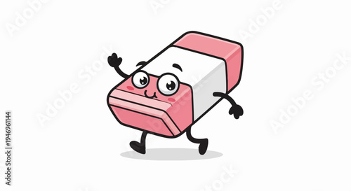 A cheerful pink and white rectangular eraser cartoon character waves and smiles, walking happily
