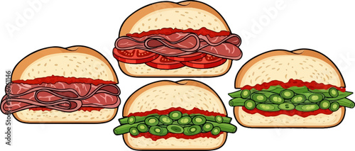 Four cartoon-style sandwiches on rolls, two with deli meat, one with meat and tomato, two with green vegetables