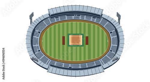 Top-down isometric illustration of a large sports stadium with a baseball field, seating, and lights