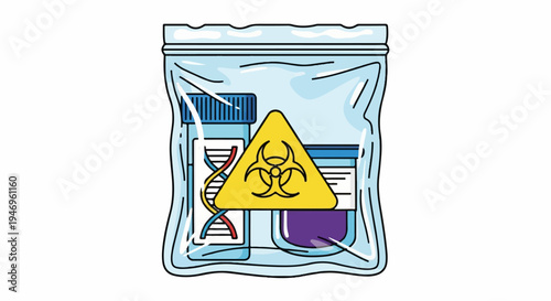 Illustration of a clear plastic bag containing biohazard materials, including DNA and liquid samples
