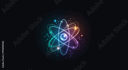 A vibrant, glowing atomic model with electrons orbiting a central nucleus against a dark, cosmic background