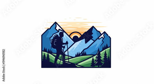 An illustration of a hiker with a backpack and poles, trekking through a mountainous landscape at sunset