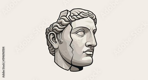 Stylized vector illustration of a cracked classical marble bust of a male head in profile view