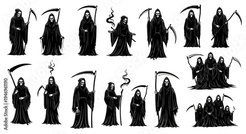 Grim Reaper Collection: Diverse Poses of Death Personified with Scythes