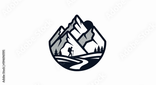 Minimalist graphic of a hiker on a path, mountains, trees, and sun in a stylized outdoor scene