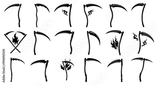Grim Reaper Scythe Collection: Black Silhouette Icons with Flames and Leaves