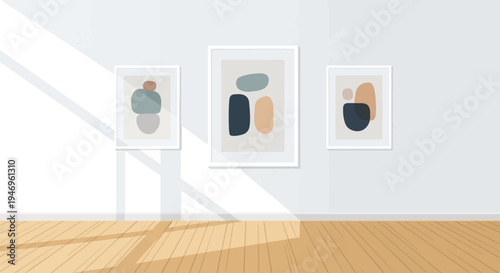 Abstract art gallery wall with three framed paintings and sunlit wooden floor creating geometric shadows
