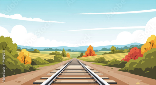 A scenic autumn landscape with a train track stretching into the distance through colorful trees and fields