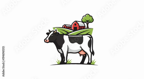 Cartoon illustration of a black and white cow with a farm landscape on its back
