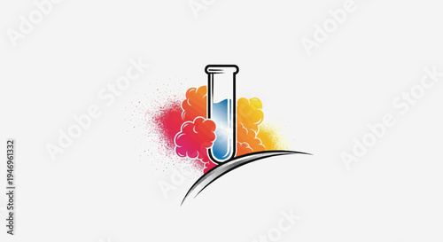 Vibrant graphic of a test tube filled with blue liquid, surrounded by colorful red, orange, yellow smoke