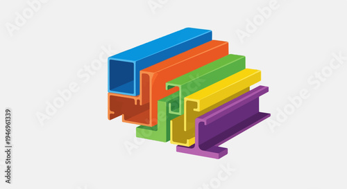 Colorful isometric illustration of various industrial metal profiles and beams on a light background