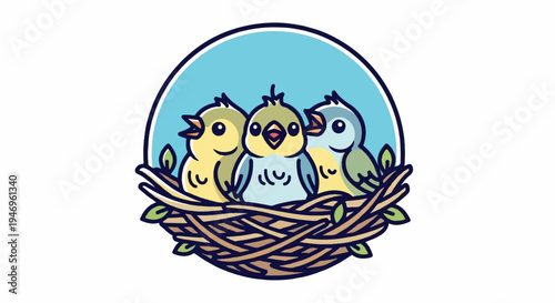 An illustration of three adorable, colorful baby birds nestled in a cozy, brown branch nest under a blue sky