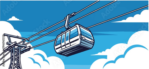 An illustrative view of a modern gondola cabin traveling on cables across a clear blue sky with fluffy white clouds