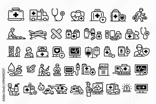 Comprehensive icons representing medical and healthcare services and tools