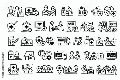 Comprehensive illustration of healthcare services and community support activities