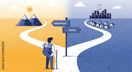 Man standing at crossroads decision.