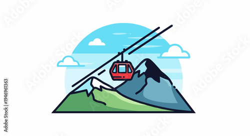 Minimalist illustration of a red cable car over mountains, featuring green slopes and blue peaks, sunny sky