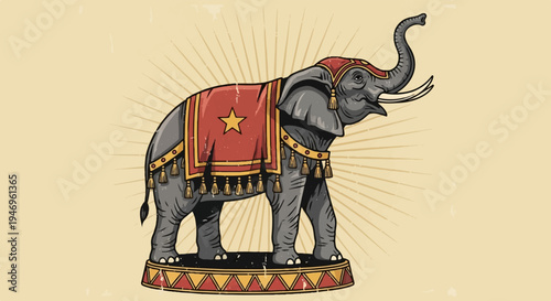 An illustration of a decorated elephant with raised trunk on a circus pedestal, vintage sunburst background