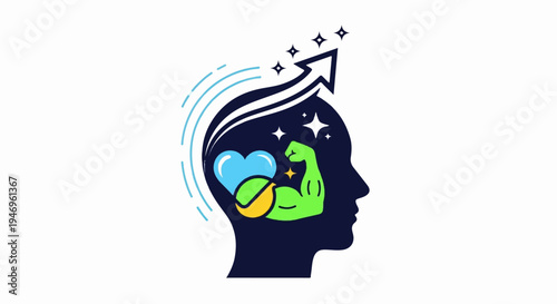 The image depicts a human head silhouette with symbols of strength, heart, and progress inside and emanating