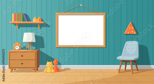 A cozy, light-filled room with teal walls, a blank frame, wooden furniture, and toys