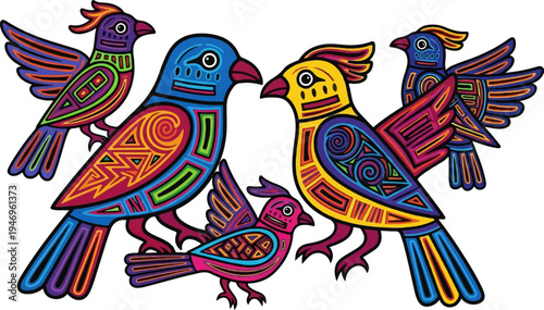 A vibrant illustration depicting a flock of five stylized birds adorned with intricate geometric patterns