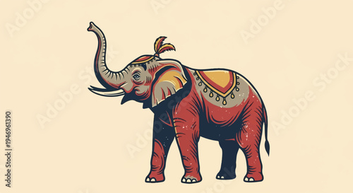 Ornate, colorful elephant with trunk raised, wearing a decorative headpiece and saddle, on a plain background