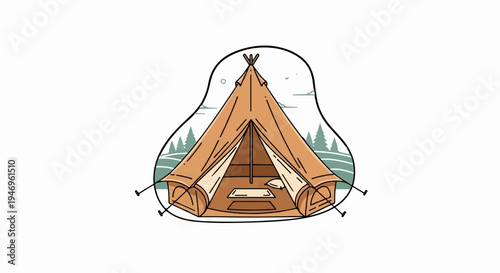 Cartoon bell tent in a natural landscape with trees and hills, depicting a cozy outdoor camping scene