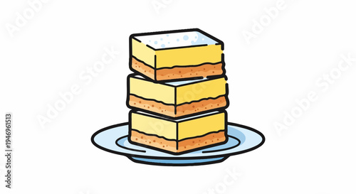 Three stacked yellow and brown layered desserts on a blue plate, topped with light specks, isolated