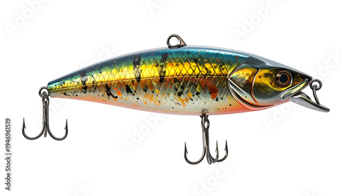 A vibrant, detailed fishing lure with metallic finish, treble hooks, and realistic design