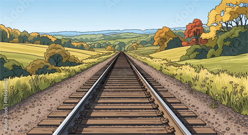 Railway tracks extending into the distance through vibrant autumnal fields and trees under a clear sky