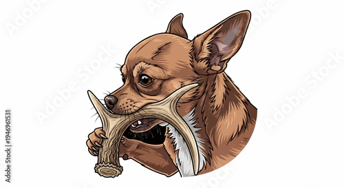 An illustration of a small brown dog, possibly a chihuahua, chewing on a bone-like antler