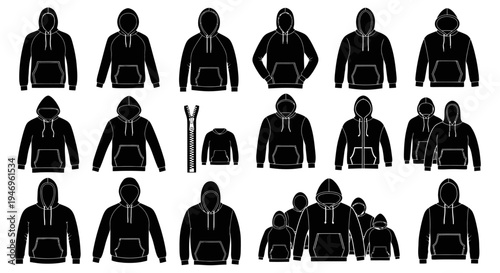 Hoodie Collection: Black Sweatshirts with Hoods, Front Pockets, and Zippers - Vector Icons